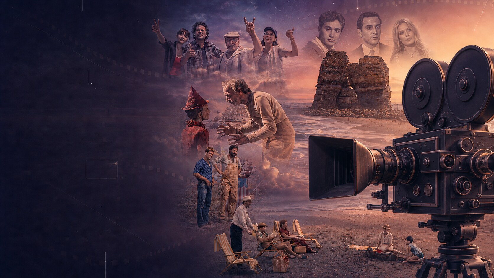 Collage cinematografico con Torre Flavia, attori, scene ambientate a Ladispoli e macchina da presa