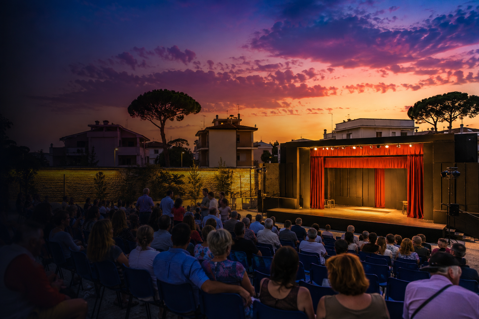 Visuale editoriale di un'arena teatrale estiva in una città costiera pianeggiante
