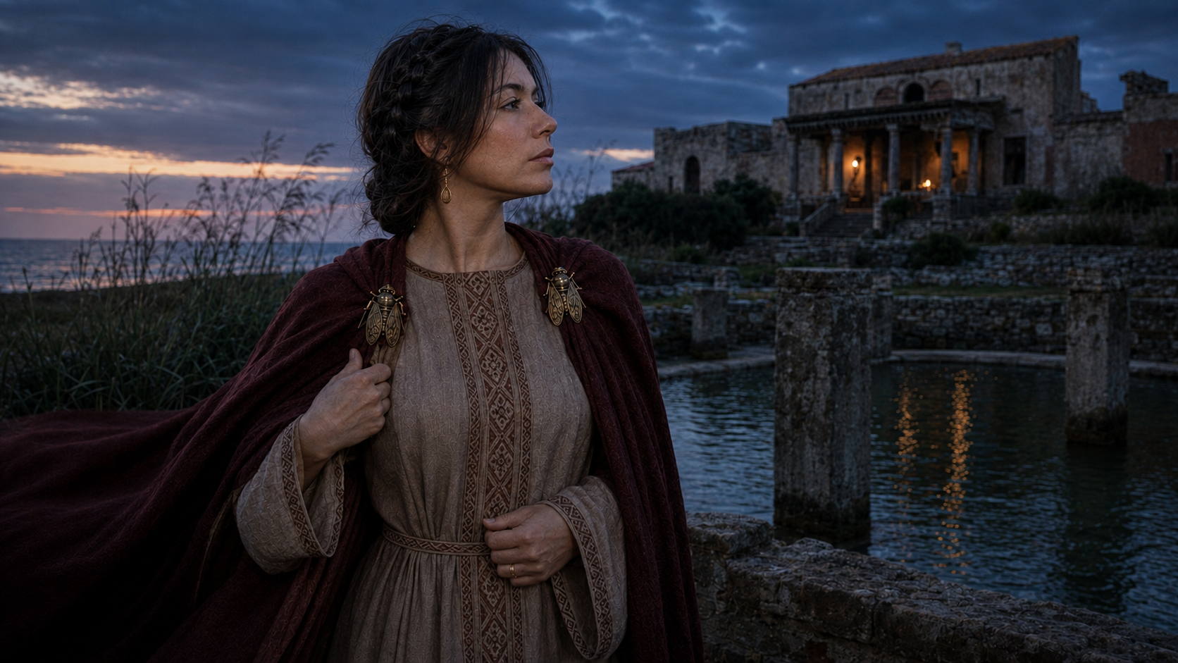 La Dama delle Cicale contempla la villa e la cisterna dopo aver scelto di fermarsi sulla costa