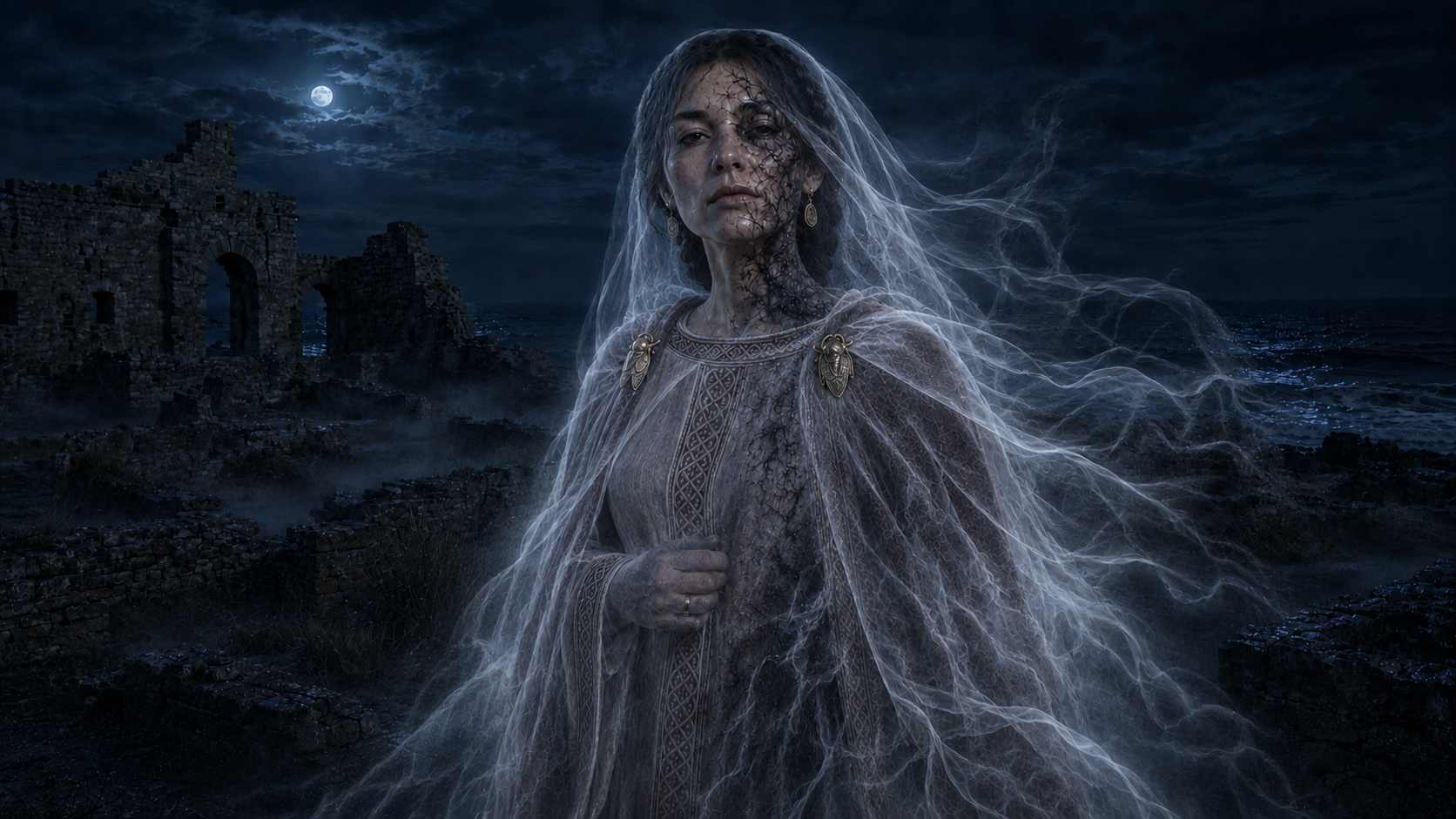 Fantasma della Dama delle Cicale formato da un velo di filamenti ectoplasmatici, con il volto segnato dall’ombra e due fibule a cicala, tra rovine e mare di notte